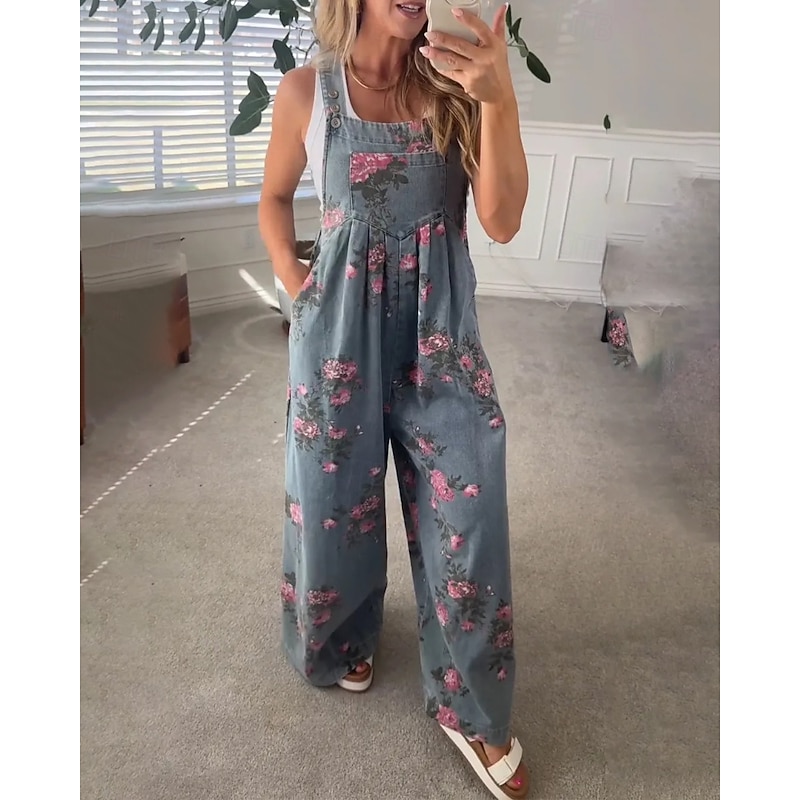 Women's Normal Jumpsuit Streetwear Floral Sleeveless U Neck Pocket Print Street Going out Regular Fit Black Red Blue Summer2