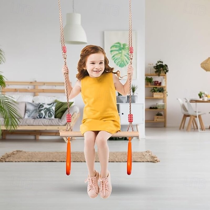 Children's Wooden Trapezoidal Swing Game With Plastic Gym Ring For Indoor And Outdoor Entertainment2