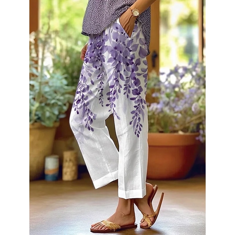 Women's Skinny Elegant Vacation Vintage Full Length High Waist Floral Graphic Printing Soft Breathable Micro-elastic Formal Outdoor Vacation White Blue Purple Green Summer Spring Regular Fit4