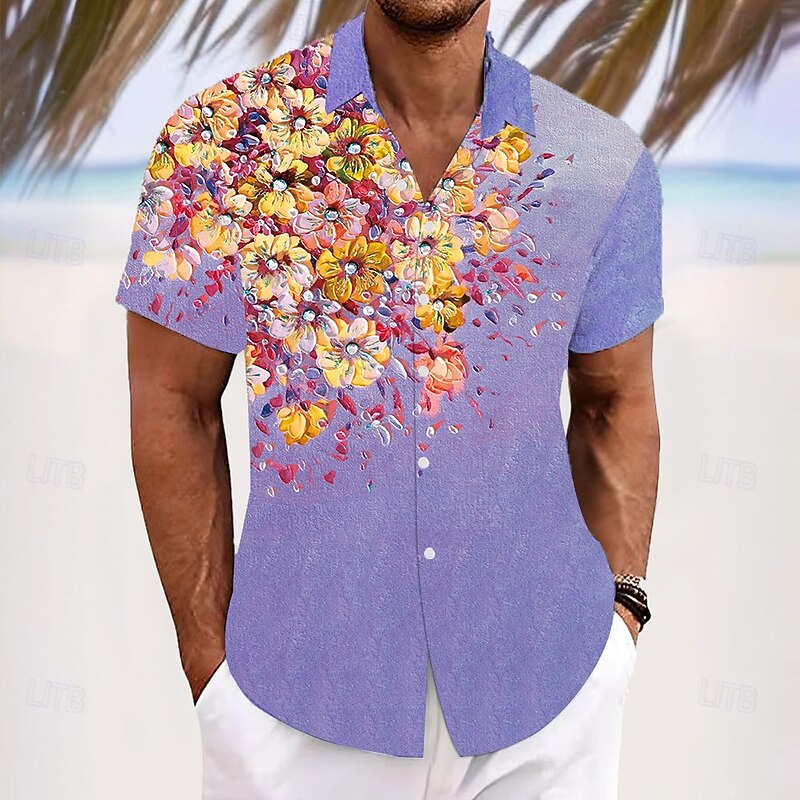 Men's Floral Print Tropical Flowers Shirt Summer Hawaiian Shirt Button Up Shirt Short Sleeve Hawaiian Resort Vacation Holiday Beach Wear Summer Spring Turndown 3D Print Collared Shirts Yellow Blue4