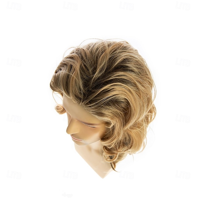 Mens Wig Short Curly Blonde Fluffy Hair Synthetic Natural Halloween Cosplay Costume WigBlonde Mixed Brown4