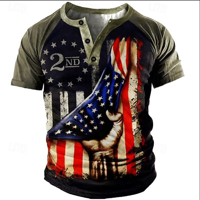 Men's Flag T Shirt Henley Shirt Short Sleeve Designer Retro Vintage Casual Street Casual Daily Summer Spring Dark Gray Henley Henley T-Shirt