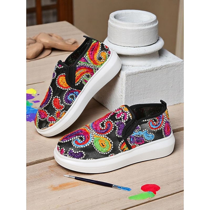 Women's Embroidered Slip-On Sneakers - Colorful Paisley Design with Comfortable Sole, Ideal for Casual Daywear and Fashion-Forward Looks