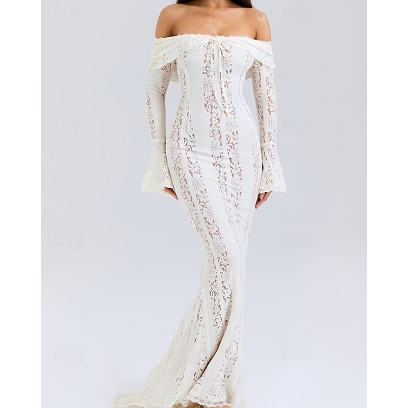 Women's Long Dress Maxi Dress Lace Dress Prom Dress Party Dress Elegant Fashion Party Special Occasion Evening Party Regular Fit Plain Long Sleeve Off Shoulder Black White Summer3