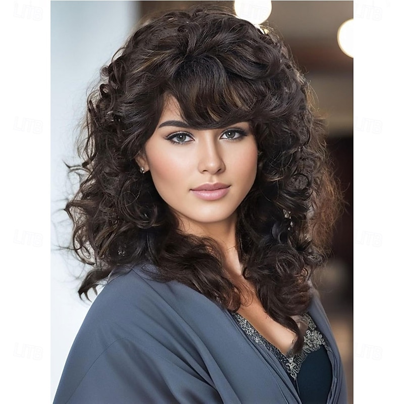 1970s Shoulder Length Synthetic Hair Wig for Women Mix Brown Wavy Curly Wig with Bangs Thick Bouncy Chocolate Brown Hair Replacement Wig Costume Party Daily Use Halloween Wigs2