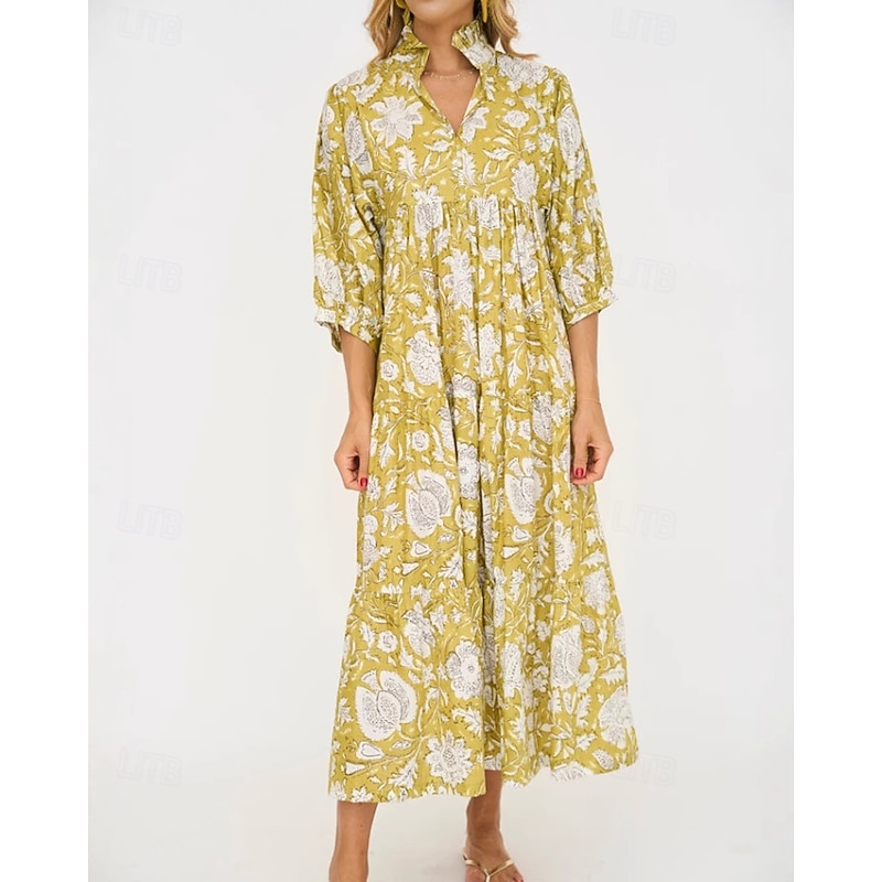 Women's Midi Dress Casual Dress Floral Dress Print Dress Fashion Modern Vacation Holiday Going out Regular Fit Flower 3/4 Length Sleeve Shirt Collar Light Yellow Summer