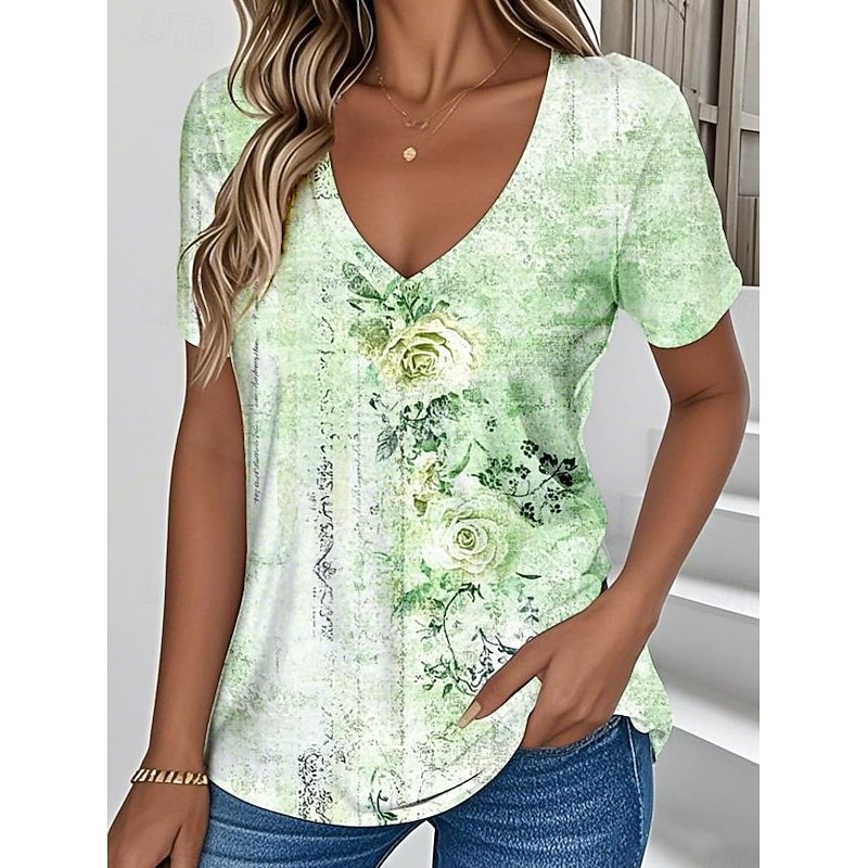 Women's T Shirt Floral Graphic Vintage Stylish Classic Short Sleeve V Neck Regular Tops Daily Print Blue Purple Green off-white Summer Spring3