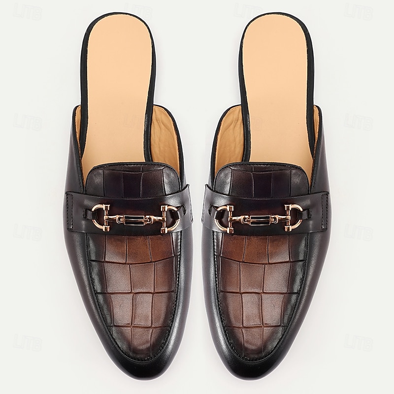 Men's Brown Leather Mule Shoes with Crocodile Pattern and Gold Buckle - Luxury, Stylish, Suitable for Business, Formal Occasions and Evening Wear4