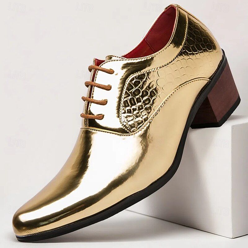 Men's Gold Metallic Lace-Up Oxford Shoes - Sleek, Glossy Formal Footwear for Special Occasions