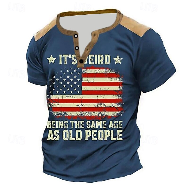Men's Flag T Shirt Henley Shirt Short Sleeve Designer Retro Vintage Casual Street Casual Daily Summer Spring Navy Blue Henley Henley T-Shirt