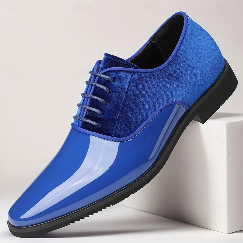 Men's Blue and White Glossy Dress Shoes with Velvet Finish - Elegant, Eye-Catching Footwear for Formal Occasions and Events