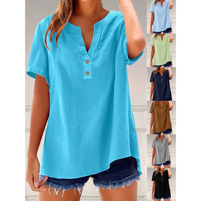 Women's Blouse Solid Color Plain Vintage Stylish Casual Short Sleeve V Neck Notched Neck Regular Tops Daily Holiday Buttons Light Green Blue Brown Gray Light Blue Summer Spring2