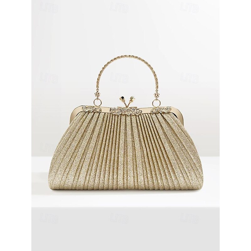 Women's Glitter Pleated Evening Clutch Purse with Vintage Gold Handle – Elegant Formal Handbag for Weddings, Parties and Cocktail Events2