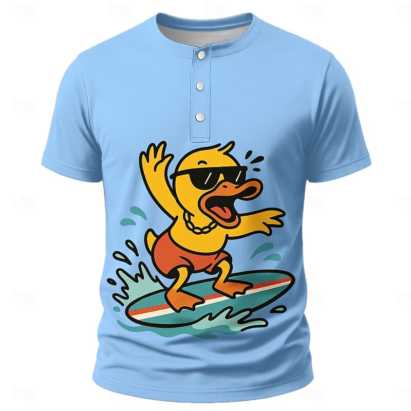 Men's Funny Duck T Shirt Henley Shirt Short Sleeve Designer Retro Vintage Casual Street Casual Daily Summer Spring Light Green Light Blue Blue Green khaki Henley Collar Henley Henley T-Shirt