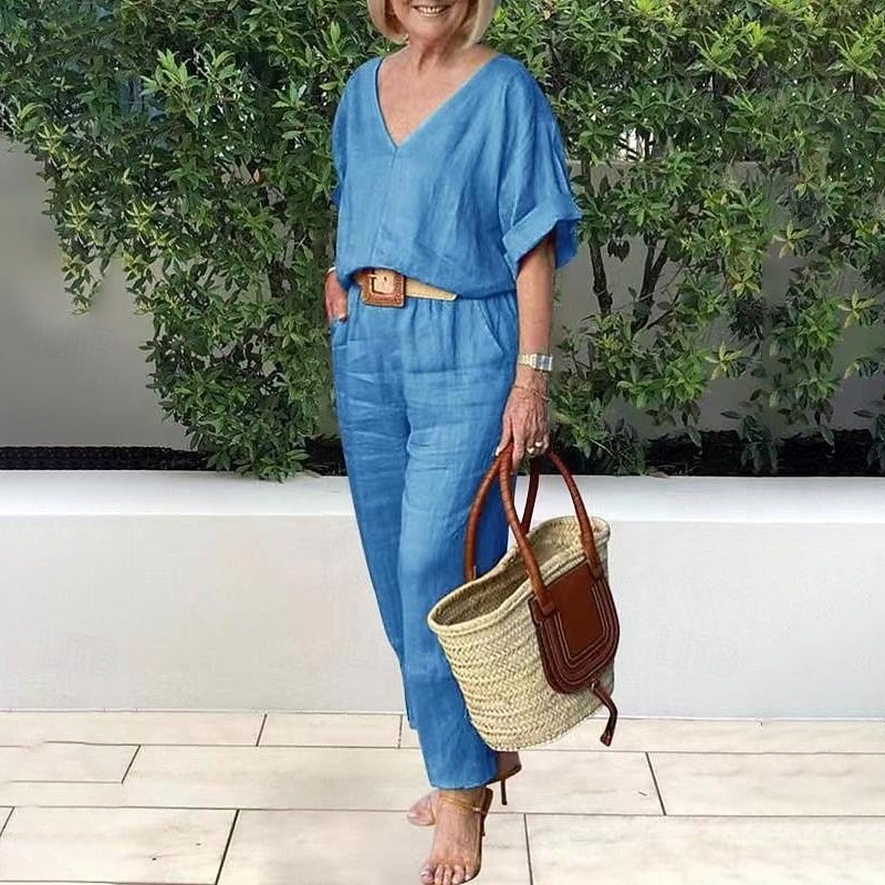 Women's Active Basic Cotton Linen Shirts Blouse Pants Sets Short Sleeve V Neck Solid Color Vacation Casual Daily Yellow Army Green Dark Navy Summer Regular Fit3