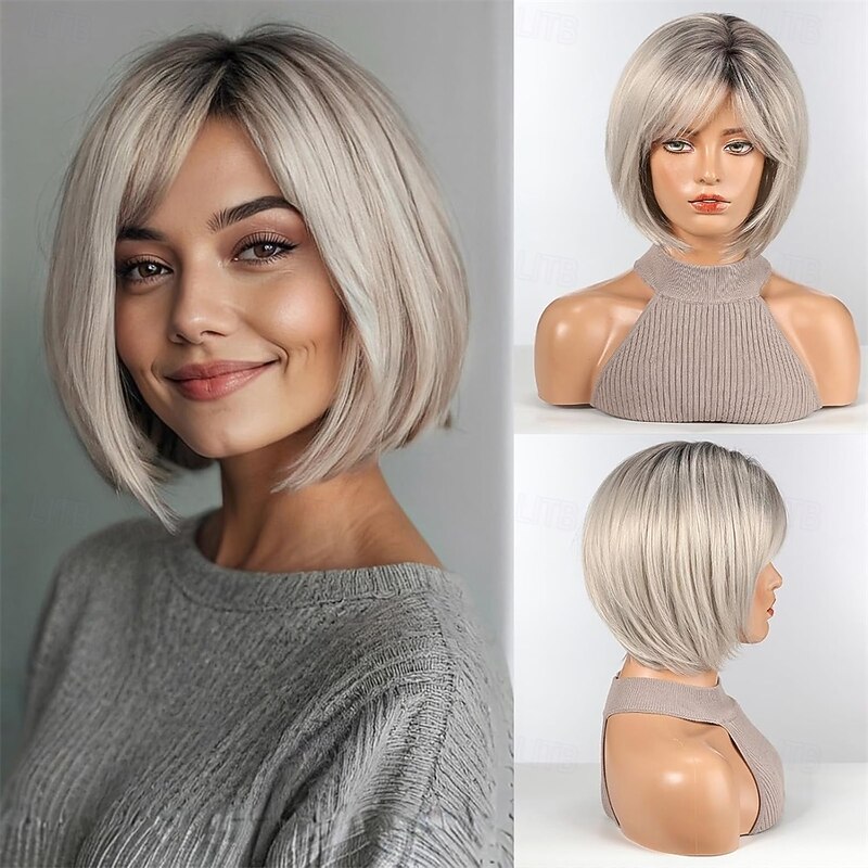 Bob Wigs for Women Synthetic Wig with Fringe Grey Color