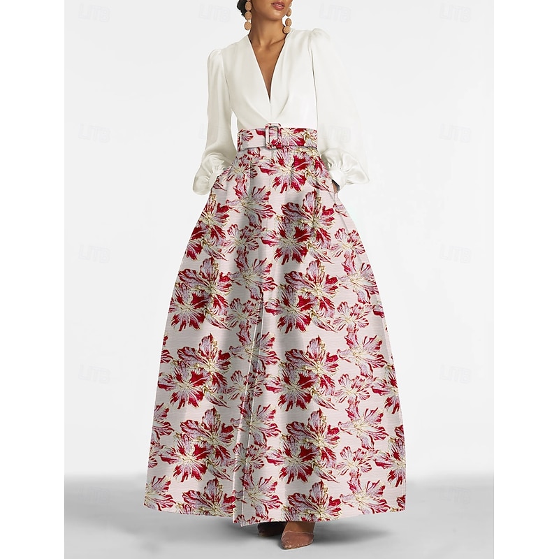 A-Line Evening Gown Elegant Dress Formal Wedding Floor Length Long Sleeve V Neck Pocket Nylon with Floral Print Pocket Race Day Dress Wedding Guest Dress