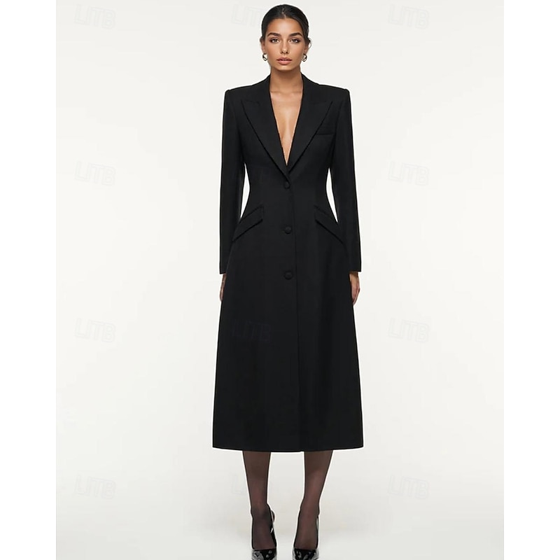 Tuxedo Dress A-Line Formal Wedding Guest Stretch Crepe Elegant Minimalist Long Sleeve Tea Length Peak Lapel Single Breasted