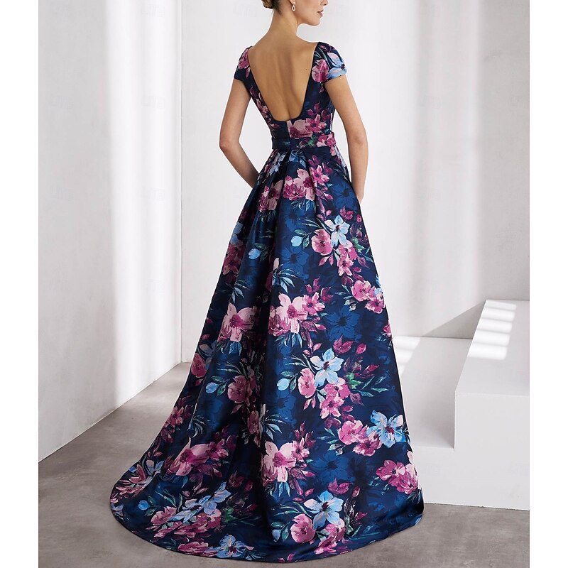 A-Line Evening Gown Elegant Dress Formal Wedding Floor Length Short Sleeve Square Neck Pocket Satin with Floral Print Slit Pocket Wedding Guest Dress2