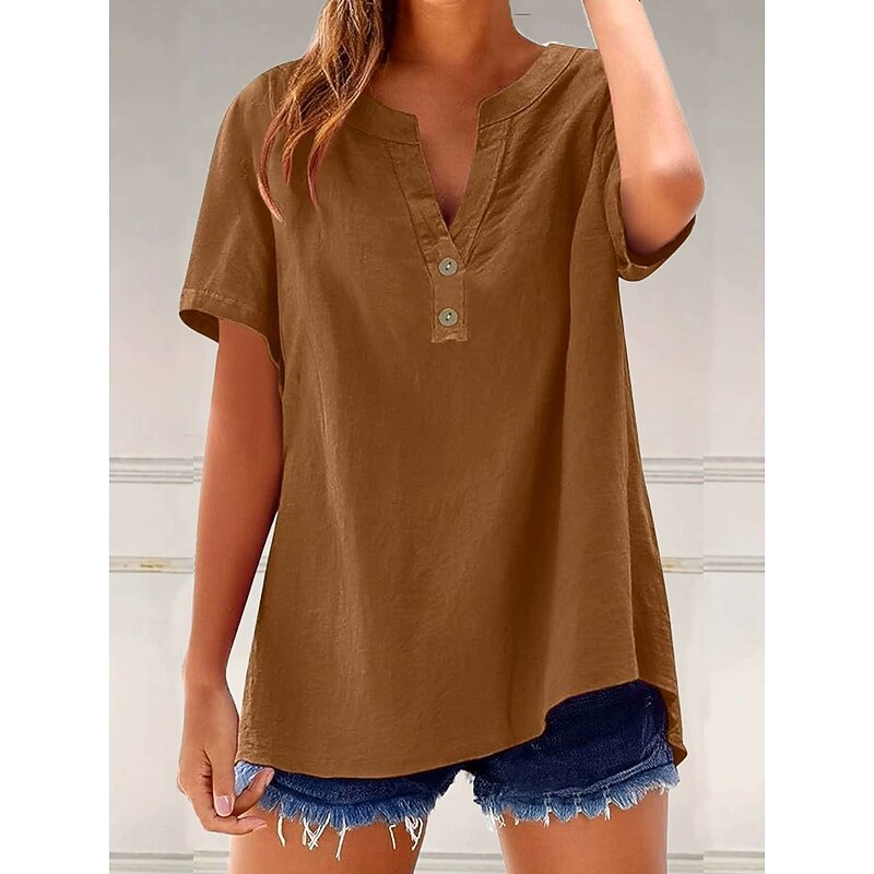Women's Blouse Solid Color Plain Vintage Stylish Casual Short Sleeve V Neck Notched Neck Regular Tops Daily Holiday Buttons Light Green Blue Brown Gray Light Blue Summer Spring4