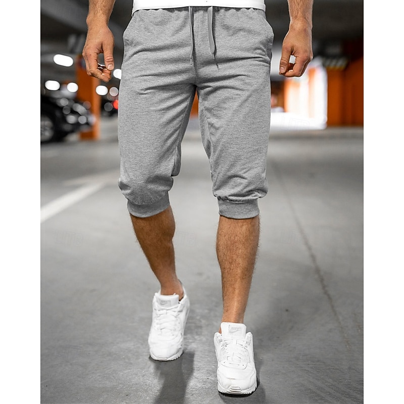 Men's Athletic Shorts Capri Pants Sweat Shorts Summer Shorts Pocket Drawstring Elastic Waist Plain Comfort Breathable Calf-Length Outdoor Sports Classic Casual Black Light Grey2