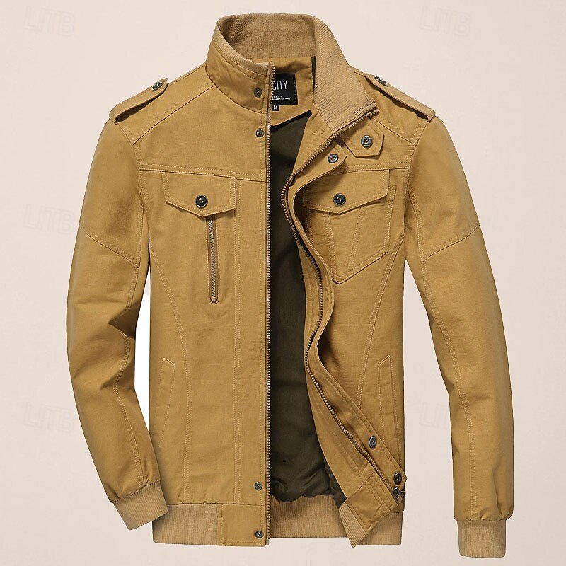 Men's Utility Jacket Transition Jacket Going out Windbreaker Pocket All Seasons Plain Classic Stand Collar Regular Black Khaki Army Green Jacket3
