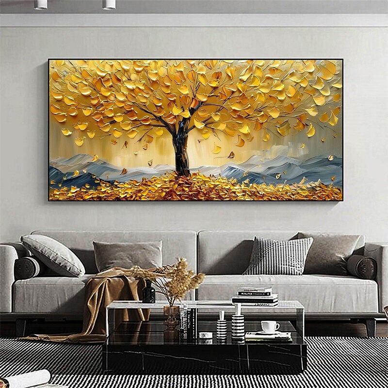 Handmade Original Golden Tree of Life Oil Painting On Canvas Abstract Tree Scenery Wall Art for Home Decor With Stretched Frame Without Inner Frame Painting2