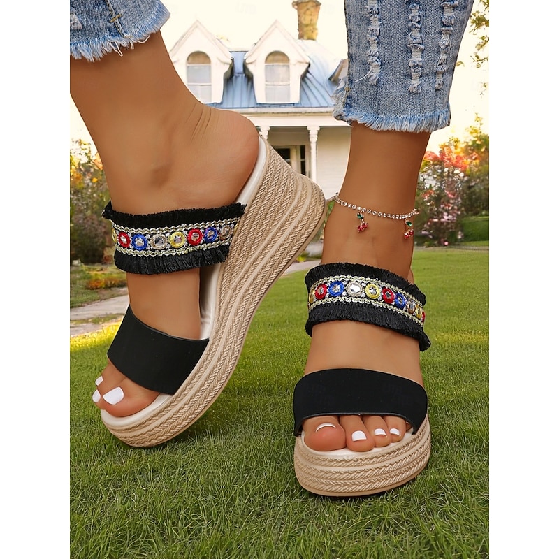 Women's White Platform Slide Sandals with Colorful Beaded Fringe Straps, Boho Chic Wedge Shoes for Casual Summer Outings and Beach Vacations