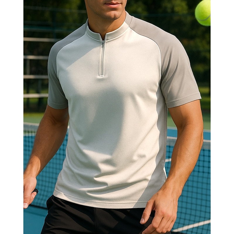 Men's Patchwork Tennis Top Short Sleeves Patchwork Quick Dry Breathable Tennis Golf Pickleball Zip Collar White Green Khaki Tennis Clothing4