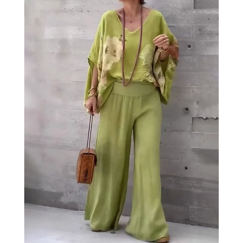 Women's Active Cotton Linen Shirts Blouse Pants Sets Half Sleeve V Neck Printing Print Vacation Holiday Navy Blue Purple Brown Summer Regular Fit3