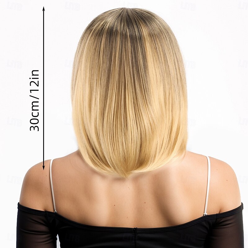 Synthetic Wig kinky Straight Natural Straight Asymmetrical Neat Bang Machine Made Wig 12 inch A1 Synthetic Hair Women's Classic Comfortable Color Gradient Blonde2