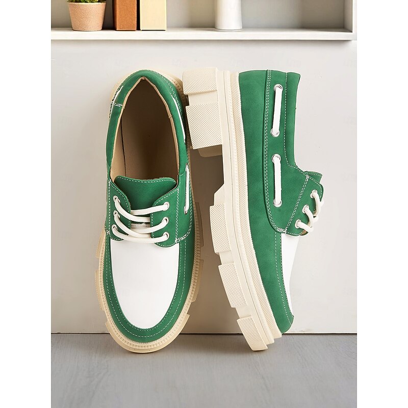 Women's Oxford Style Platform Shoes - Trendy Green and White Color Block with Chunky Sole, Ideal for Commuter Wear and Casual Office Days3