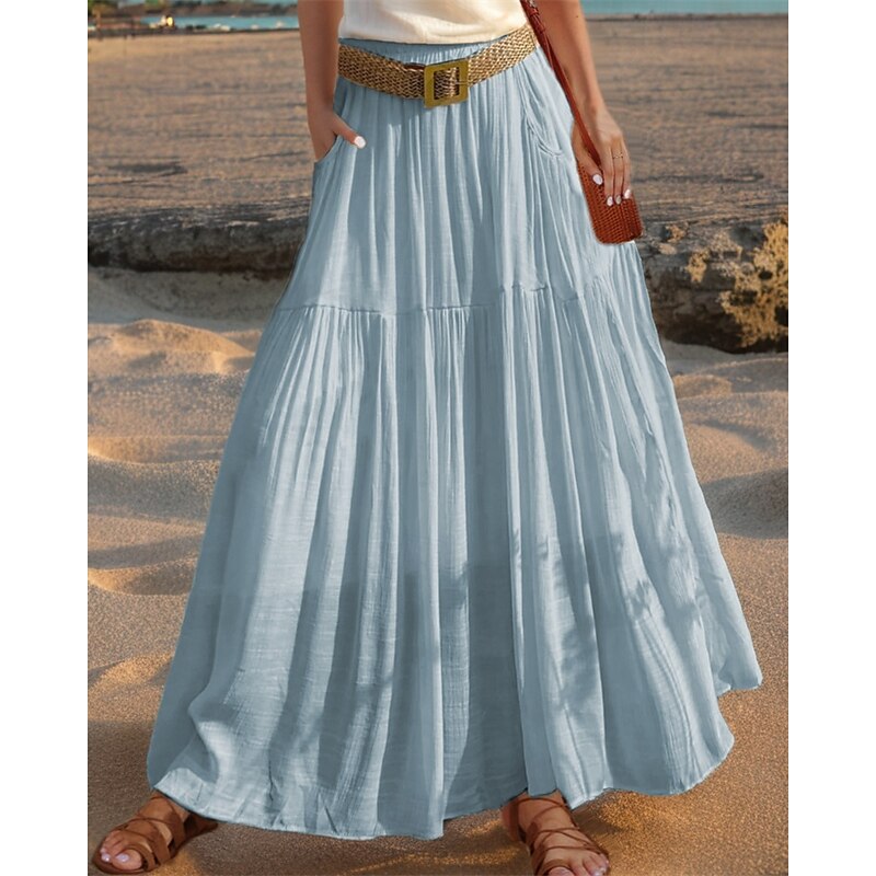 Women's Asian Size Swing Linen Skirts Casual Summer Midi High Waist Skirts Solid Colored Ruched Pleated Pocket Stretchy Vacation Daily Wine Watermelon Red Mustard green Orange color Spring, Fall4