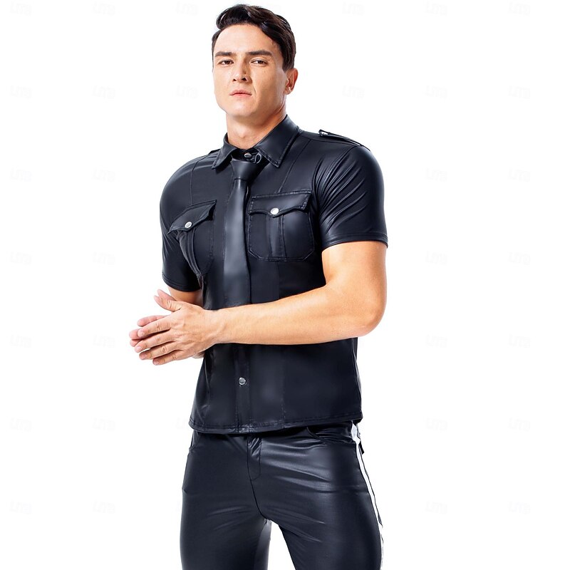 Leather Cop Costume for Men - Faux Leather Uniform Shirt for Pride Parade, Fetish Events, Nightclub & Roleplay3