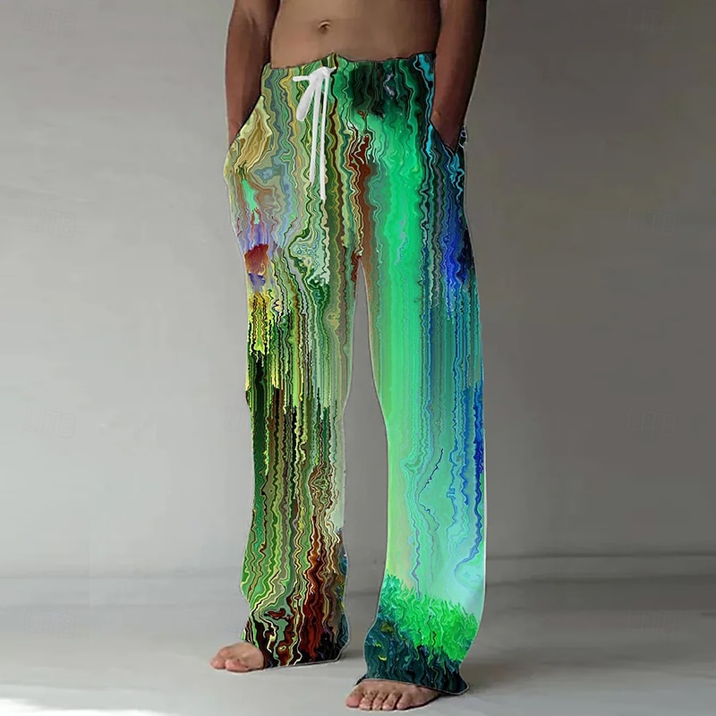 Men's Marble Abstract Liquid Art Trousers Baggy Pants Casual Pants Mid Waist Casual Outdoor Vacation Drawstring Side Pockets Elastic Waist Summer Spring 3D Print Black Green Dark Blue2