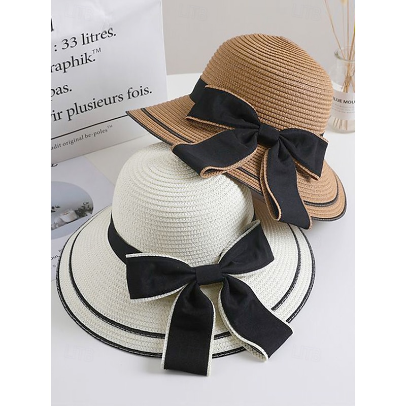 Women's Bow Straw Hat - Foldable for easy carrying, Stylish sun hat with black ribbon details, Perfect for the beach, Vacation and summer outdoor activities4