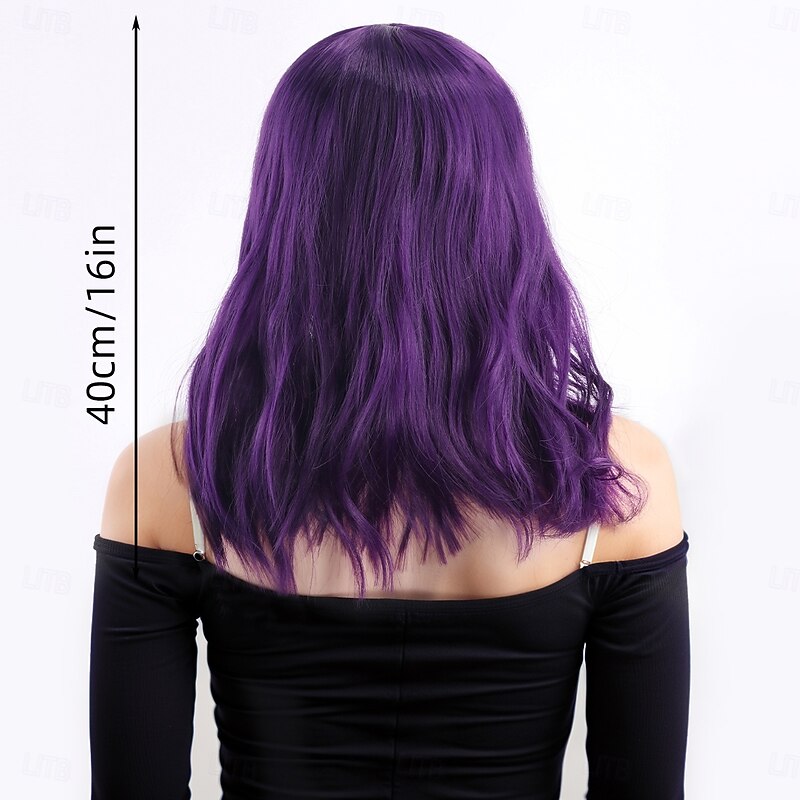 Synthetic Wig Bouncy Curl Water Wave Layered Haircut Neat Bang Machine Made Wig 16 inch A1 Synthetic Hair Women's Classic Thick Comfortable Purple2
