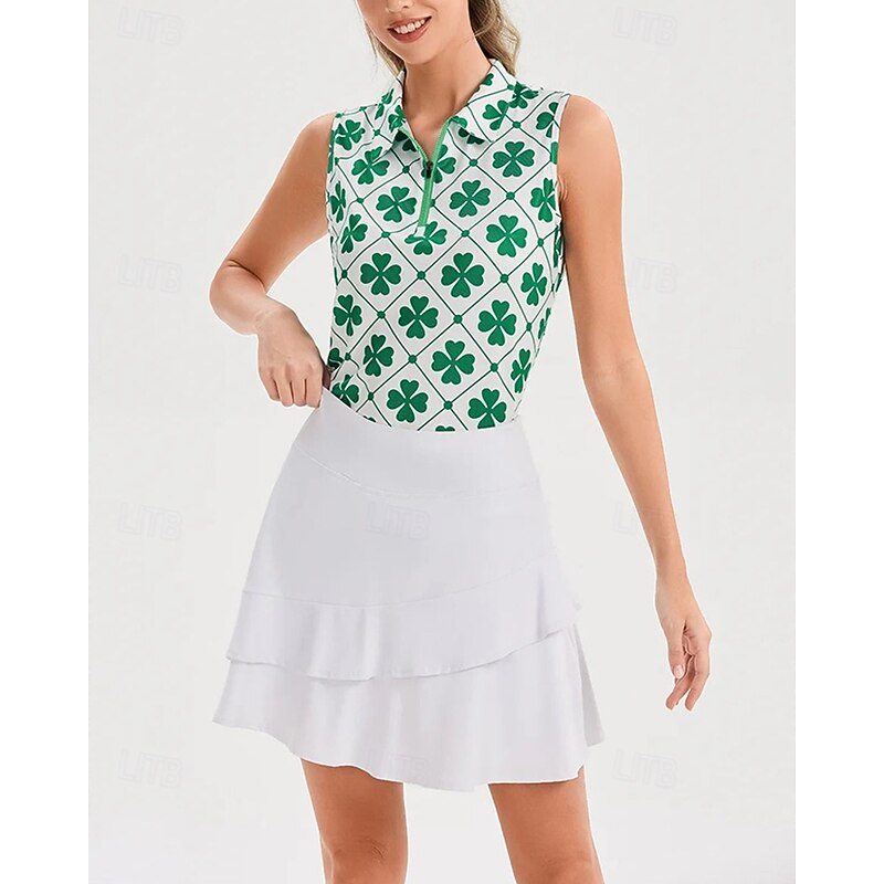 Women's Clover Sport Shirt Tennis Shirt Sleeveless Print UPF50+ Quick Dry Tennis Badminton Pickleball Zip Collar Tee Tshirt Top Green Tennis Clothing