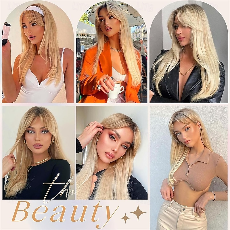 Ombre Golden Wig with Bangs - Long Straight Hair Dark Roots and Slight Inward Curls at the Ends - Heat Resistant Synthetic Hair for Women - Best for Daily Party and Special Occasions3