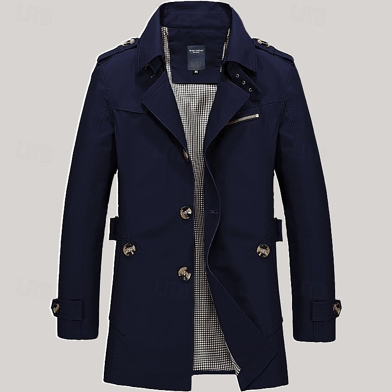 Men's Transition Jacket Trench Coat Trench Coat Daily Spring &  Fall Polyester Windbreaker Outerwear Clothing Apparel Vintage Solid Colored Notch lapel collar