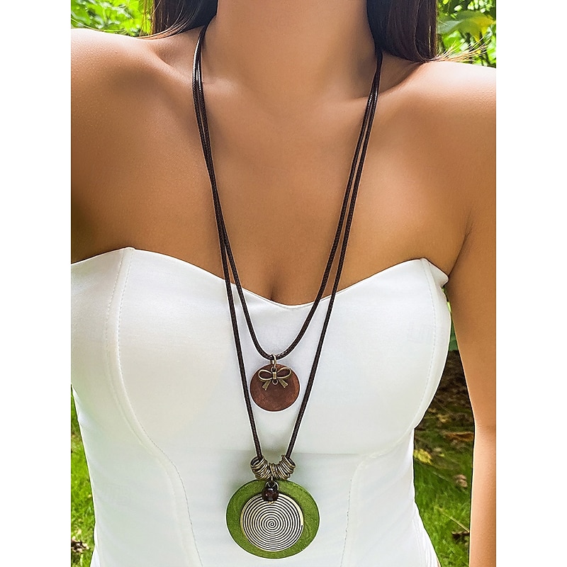 Women's Boho Layered Wood Pendant Necklace – Handmade Natural Alloy Beads, Ethnic Spiral Design, Lightweight Statement Jewelry for Casual Outfits, Summer Parties & Beach Vacations2