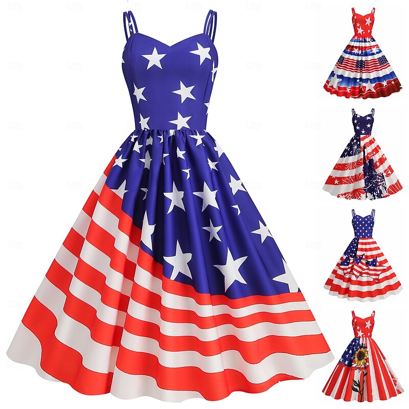 Women's Patriotic  Mini Dress A Line Dress Slip Dress Off The Shoulder Dress Casual Outdoor Going out Regular Fit American Flag Sleeveless Spaghetti Strap
