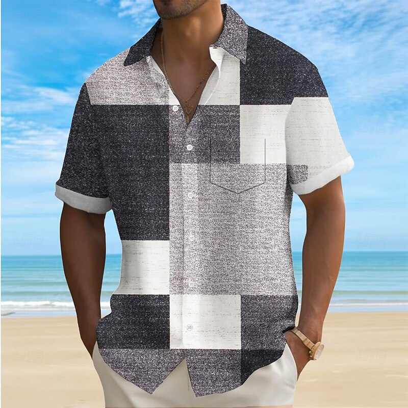 Men's Geometric Color Block Grid / Plaid Shirt Summer Shirt Button Up Shirt Short Sleeve Fashion Casual Vacation Holiday Streetwear Summer Turndown 3D Print Front One Pocket Linen Like Shirt Khaki3
