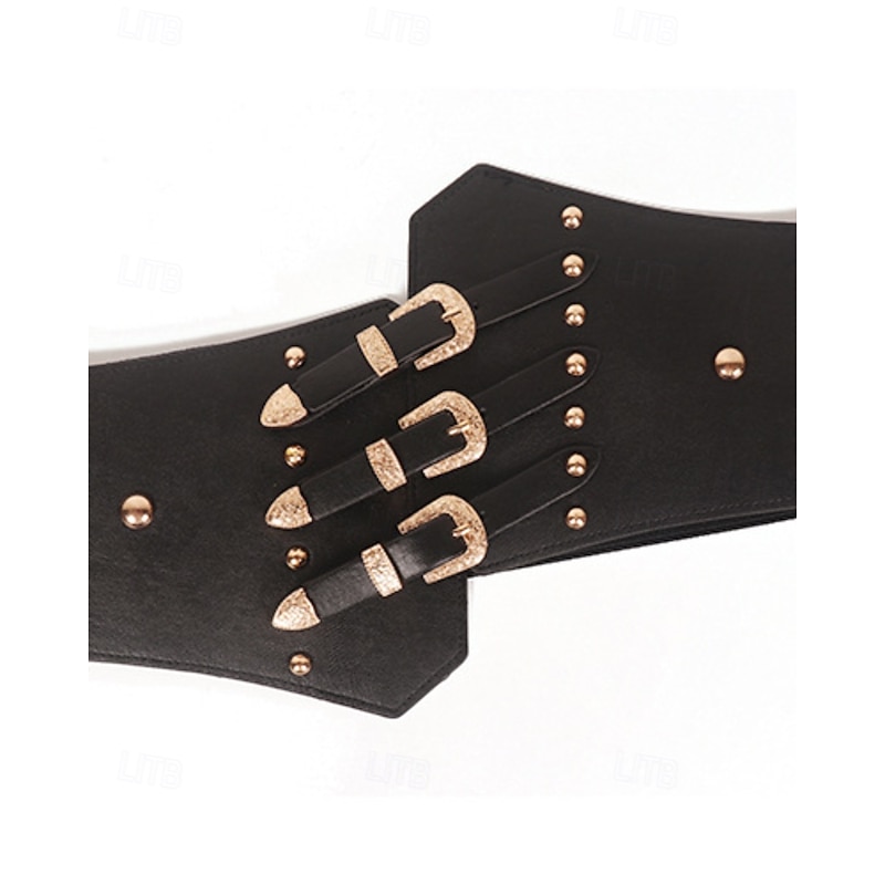 Women's Belt PU Black Wide Belt Street Weekend Color Block4