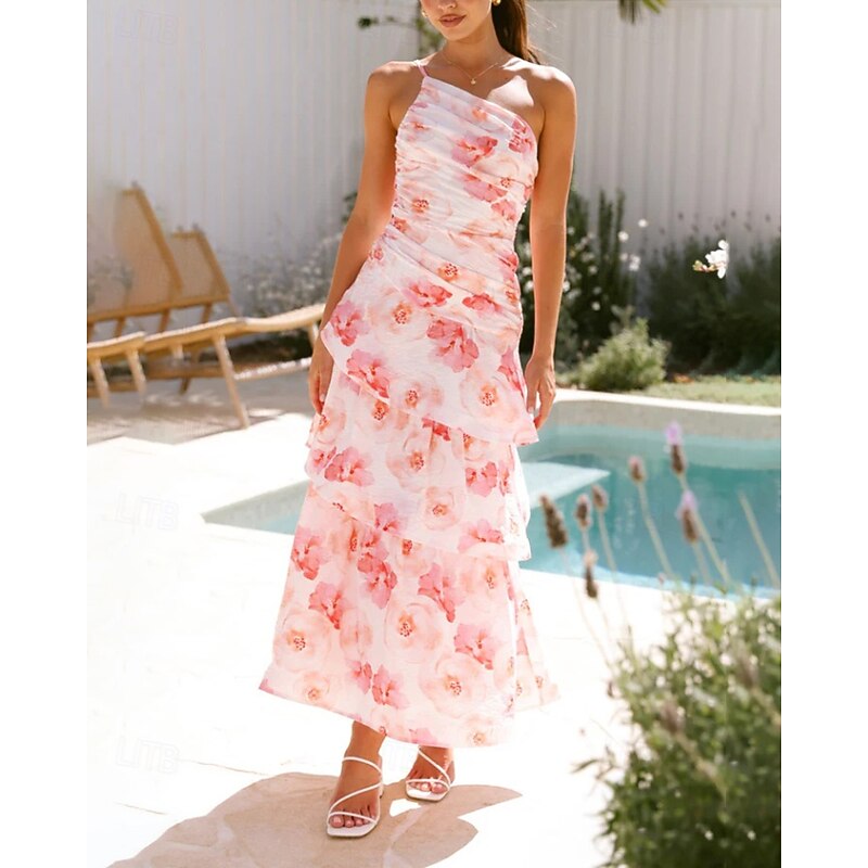 Women's Long Dress Maxi Dress Floral Dress Print Dress Fashion Modern Outdoor Vacation Holiday Regular Fit Flower Sleeveless One Shoulder Pink Blue Light Purple Light Blue Summer4