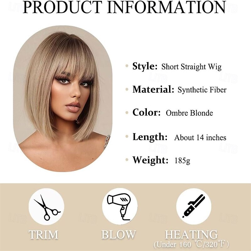 Ombre Blonde Bob Wig With Bangs Short Straight Wig For Women Synthetic Hair Wigs for Daily Party Cosplay Wear2