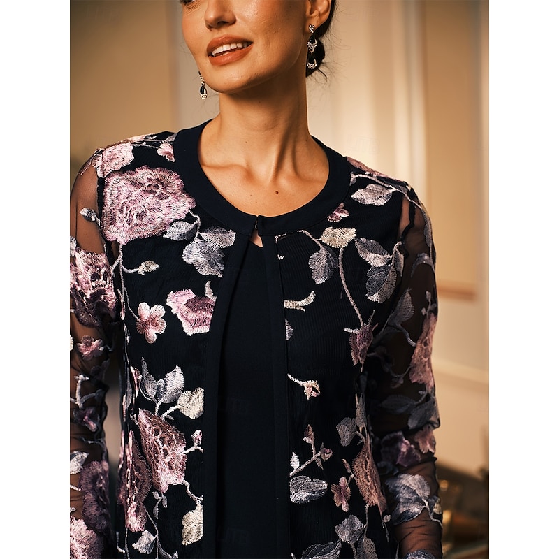 Women's Midi Dress Sheath Dress Dress With Jacket Elegant Cocktail Semi Formal Formal Party Wedding Guest Regular Fit Floral Long Sleeve Crew Neck Black Spring Fall Winter3