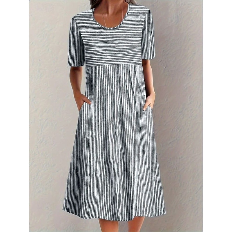 Women's Midi Dress A Line Dress Summer Dress Vacation Casual Daily Holiday Loose Fit Graphic Geometric Striped Half Sleeve Crew Neck Blue Gray Summer2