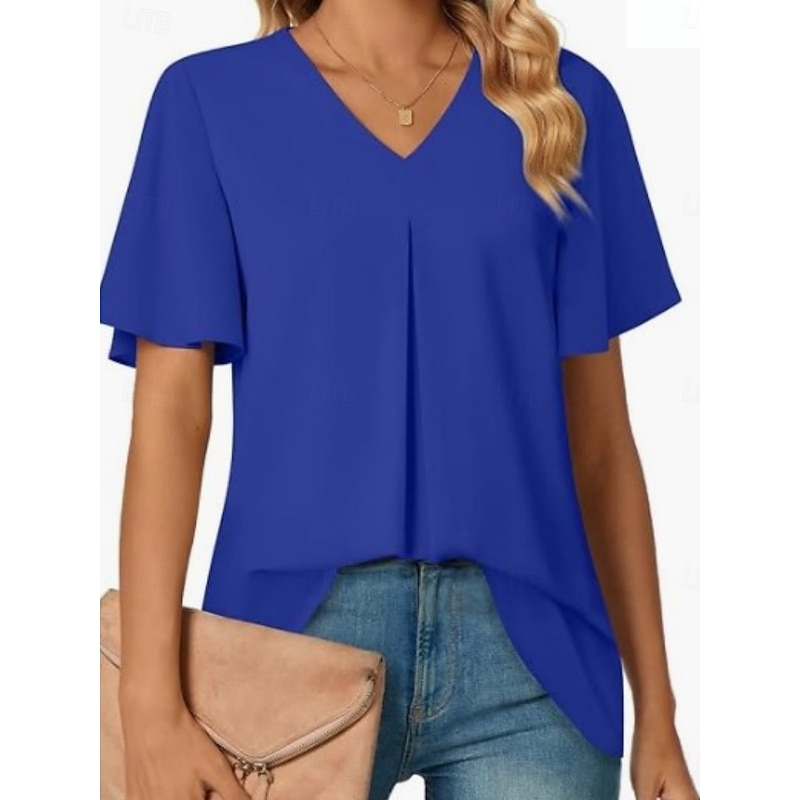 Women's T Shirt Plain Fashion Modern Casual Short Sleeve V Neck Regular Tops Daily Weekend Red Royal Blue Sky Blue Khaki Summer