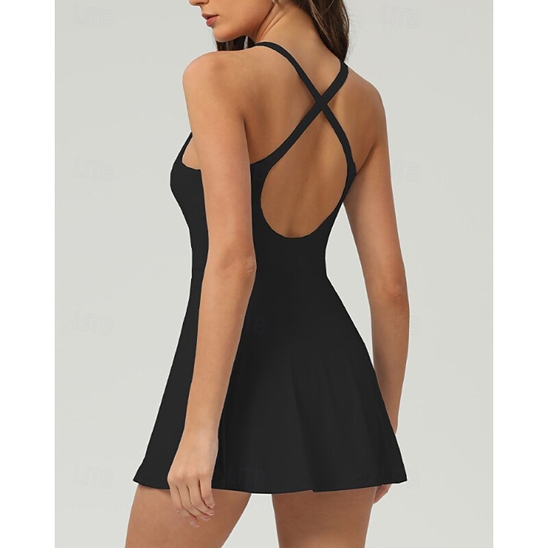 Women's Solid Colored Tennis Dress with Built in Shorts and Bra Sports Dress Sleeveless Backless Quick Dry Tennis Golf Pickleball Round Neck Black White Brown Tennis Clothing4